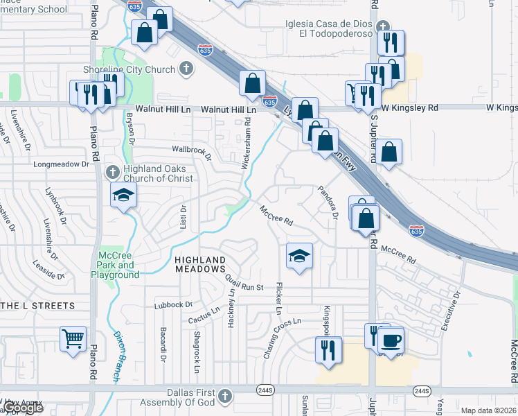map of restaurants, bars, coffee shops, grocery stores, and more near 13246 Pandora Drive in Dallas