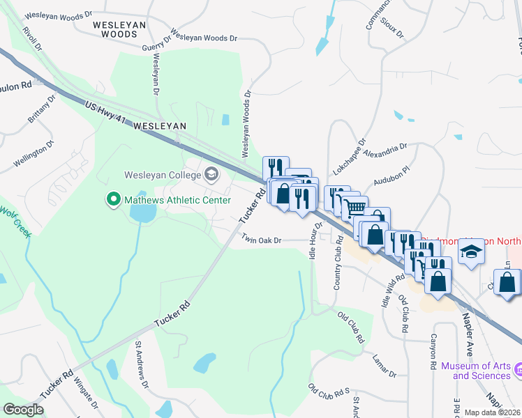 map of restaurants, bars, coffee shops, grocery stores, and more near 130 Tucker Road in Macon