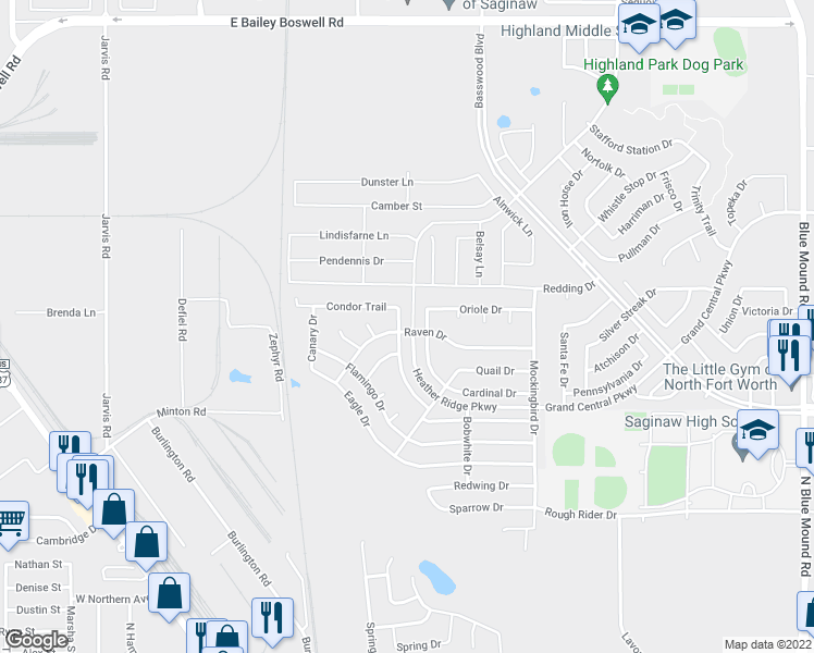 map of restaurants, bars, coffee shops, grocery stores, and more near 1001 Meadowlark Drive in Fort Worth