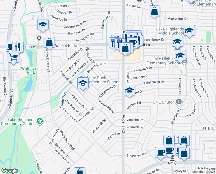 map of restaurants, bars, coffee shops, grocery stores, and more near 9754 Maplehill Drive in Dallas