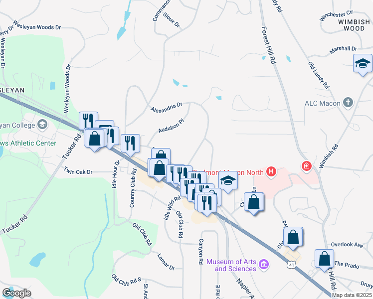 map of restaurants, bars, coffee shops, grocery stores, and more near 118 Alexandria Drive in Macon