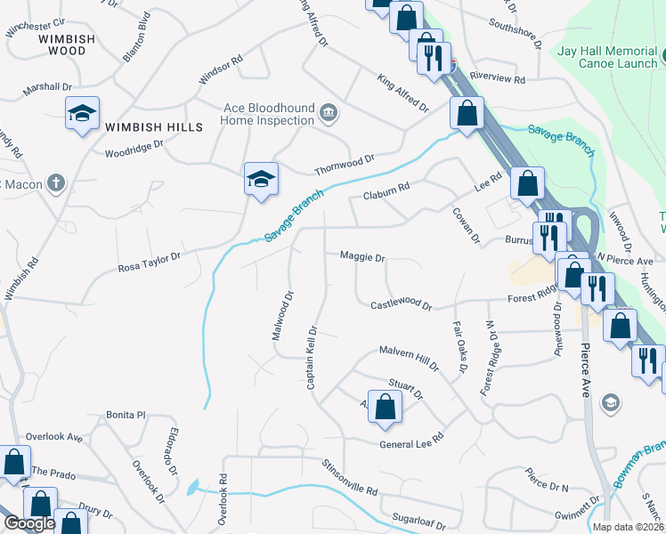 map of restaurants, bars, coffee shops, grocery stores, and more near 865 Captain Kell Drive in Macon