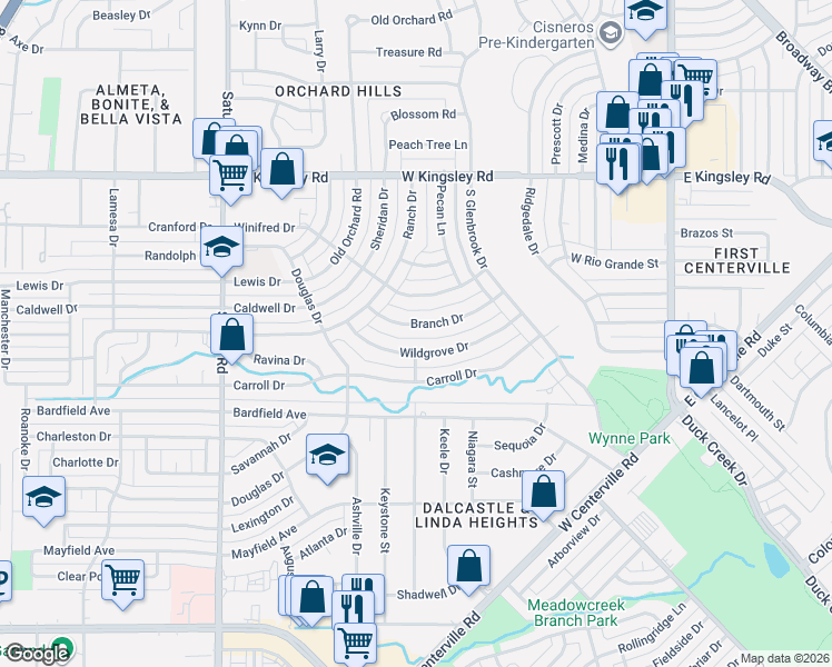map of restaurants, bars, coffee shops, grocery stores, and more near 801 Branch Drive in Garland