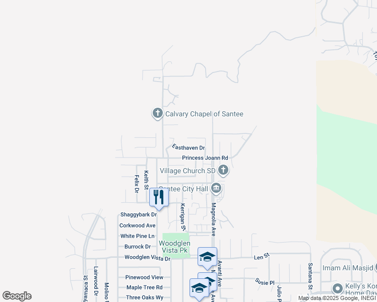 map of restaurants, bars, coffee shops, grocery stores, and more near 10247 Easthaven Drive in Santee