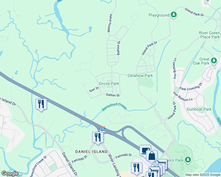 map of restaurants, bars, coffee shops, grocery stores, and more near 38 Grove Lane in Charleston