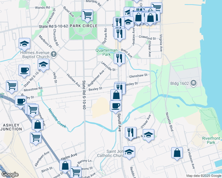 map of restaurants, bars, coffee shops, grocery stores, and more near 1122 Bexley Street in North Charleston