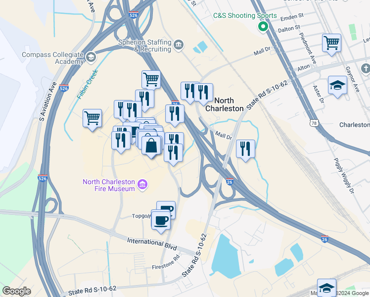 map of restaurants, bars, coffee shops, grocery stores, and more near 5059 North Arco Lane in North Charleston