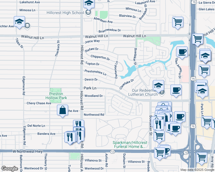 map of restaurants, bars, coffee shops, grocery stores, and more near 7026 Desco Drive in Dallas