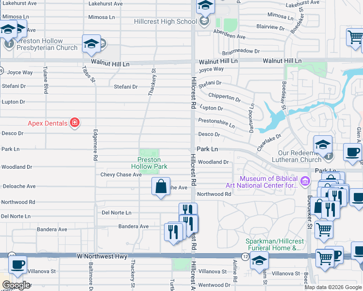 map of restaurants, bars, coffee shops, grocery stores, and more near 6814 Desco Drive in Dallas