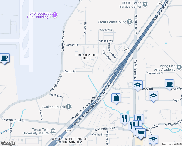 map of restaurants, bars, coffee shops, grocery stores, and more near 4800 Montego Bay Drive in Irving