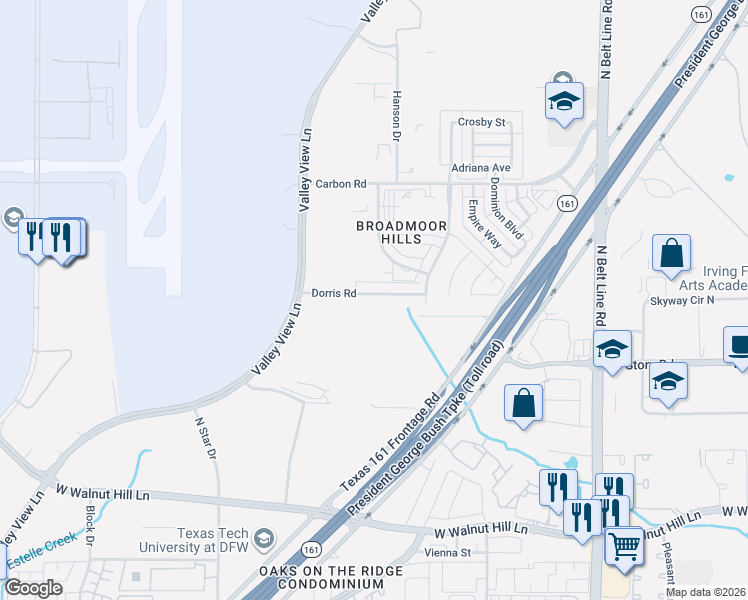 map of restaurants, bars, coffee shops, grocery stores, and more near 4041 Dorris Road in Irving
