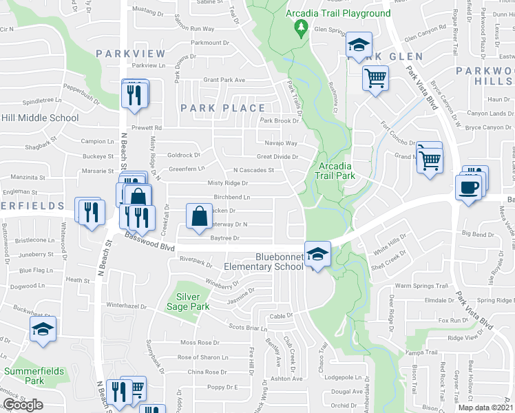 map of restaurants, bars, coffee shops, grocery stores, and more near 4748 Birchbend Lane in Fort Worth