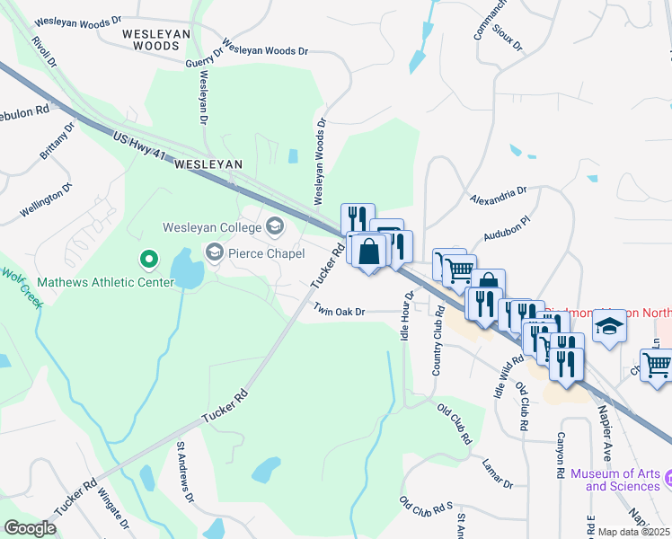 map of restaurants, bars, coffee shops, grocery stores, and more near 150 Tucker Road in Macon