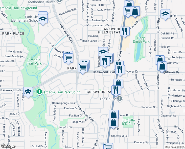 map of restaurants, bars, coffee shops, grocery stores, and more near 7333 Mesa Verde Trail in Fort Worth