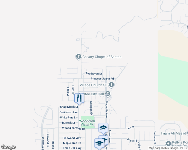 map of restaurants, bars, coffee shops, grocery stores, and more near 10247 Easthaven Drive in Santee