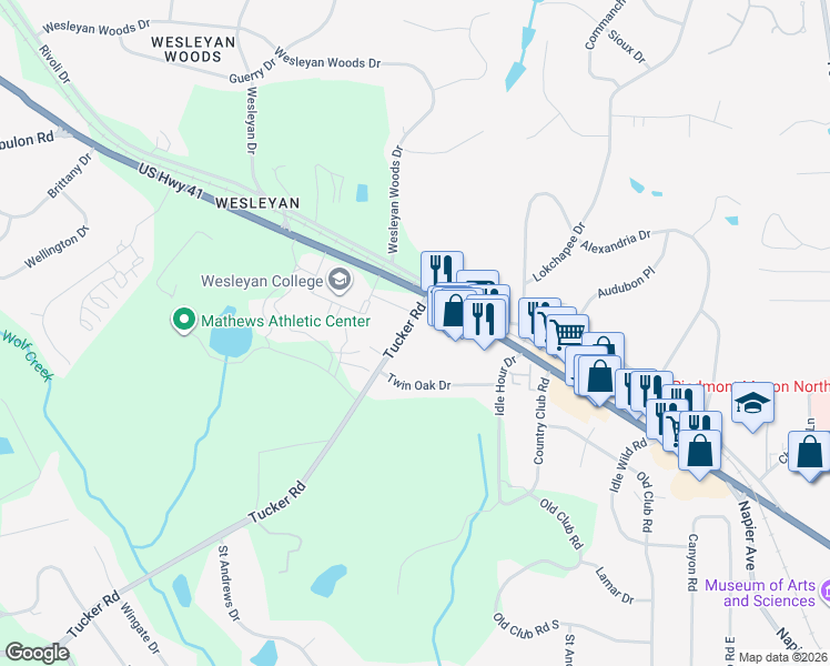 map of restaurants, bars, coffee shops, grocery stores, and more near 150 Tucker Road in Macon