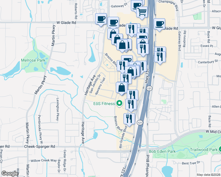 map of restaurants, bars, coffee shops, grocery stores, and more near 2650 Navarro Trail in Euless