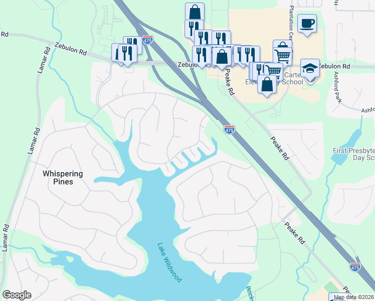 map of restaurants, bars, coffee shops, grocery stores, and more near 401 Clearview Court in Macon