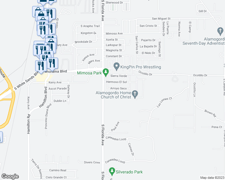 map of restaurants, bars, coffee shops, grocery stores, and more near 854 Arroyo Seco in Alamogordo