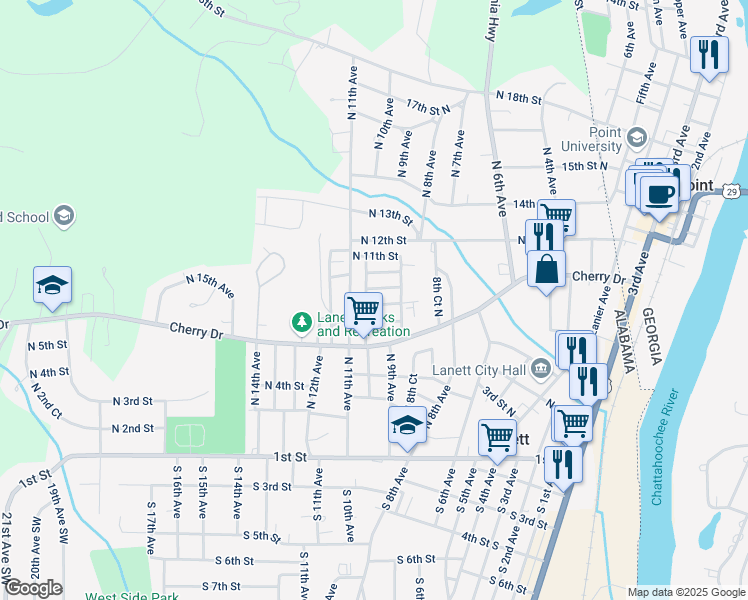 map of restaurants, bars, coffee shops, grocery stores, and more near 905 9th Street North in Lanett