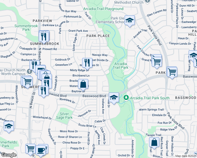 map of restaurants, bars, coffee shops, grocery stores, and more near 7456 Blackthorn Drive in Fort Worth