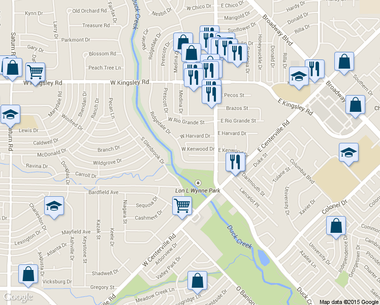 map of restaurants, bars, coffee shops, grocery stores, and more near 136 W Kenwood Dr in Garland