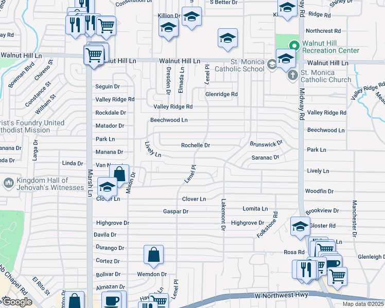map of restaurants, bars, coffee shops, grocery stores, and more near 3969 Lively Lane in Dallas