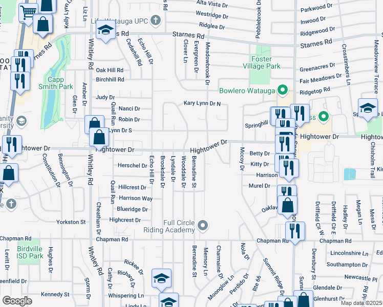 map of restaurants, bars, coffee shops, grocery stores, and more near 7029 Bernadine Street in Watauga