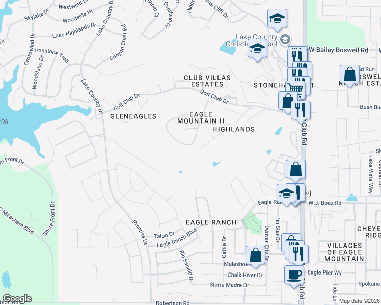 map of restaurants, bars, coffee shops, grocery stores, and more near 7525 Eagle Ridge Circle in Fort Worth