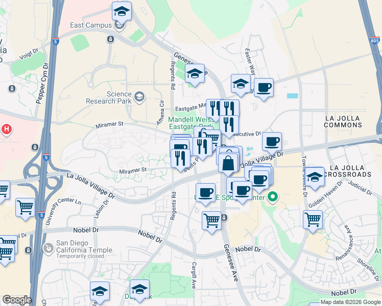 map of restaurants, bars, coffee shops, grocery stores, and more near 9237 Regents Road in San Diego