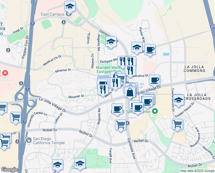 map of restaurants, bars, coffee shops, grocery stores, and more near 9237 Regents Road in San Diego
