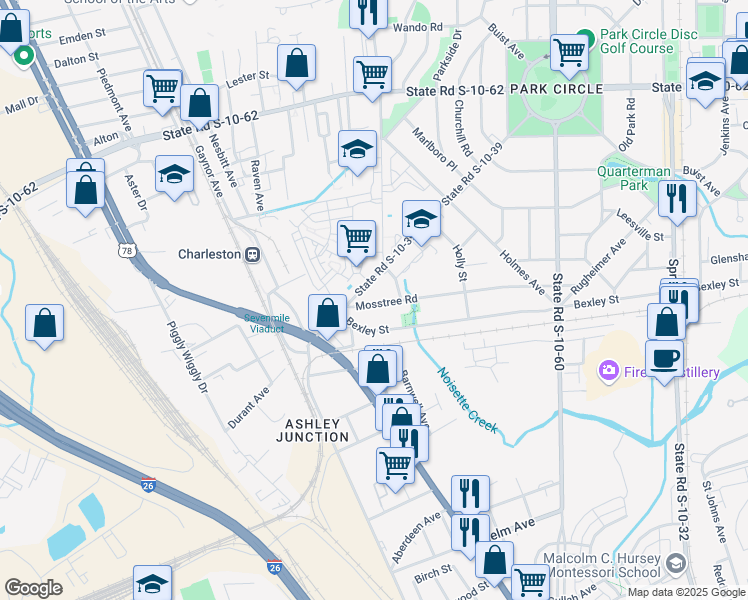 map of restaurants, bars, coffee shops, grocery stores, and more near 4474 Durant Avenue in North Charleston