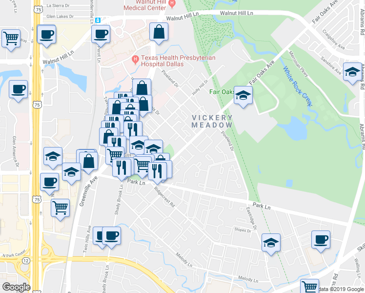 map of restaurants, bars, coffee shops, grocery stores, and more near 7135 Fair Oaks Avenue in Dallas