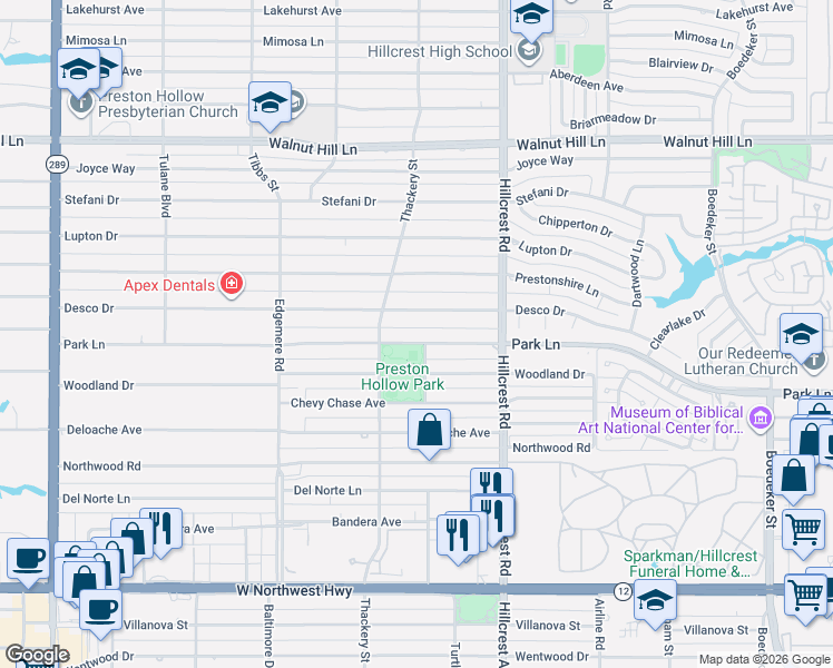 map of restaurants, bars, coffee shops, grocery stores, and more near 6629 Park Lane in Dallas