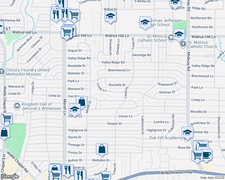 map of restaurants, bars, coffee shops, grocery stores, and more near 3950 Rochelle Drive in Dallas