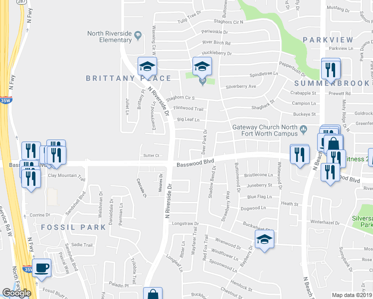 map of restaurants, bars, coffee shops, grocery stores, and more near 7424 Farm Field Court in Fort Worth