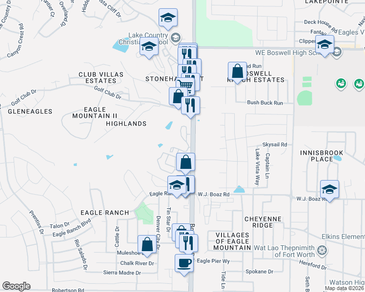 map of restaurants, bars, coffee shops, grocery stores, and more near 8301 Boat Club Road in Fort Worth