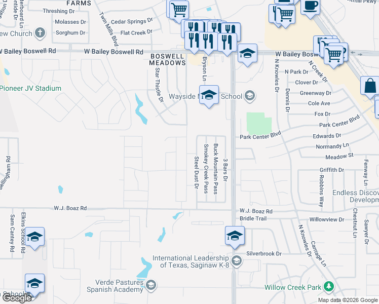 map of restaurants, bars, coffee shops, grocery stores, and more near 8448 Hawkview Drive in Fort Worth