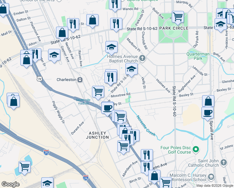 map of restaurants, bars, coffee shops, grocery stores, and more near 4474 Durant Avenue in North Charleston
