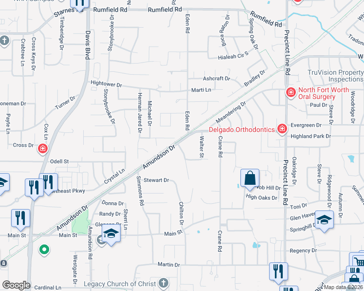 map of restaurants, bars, coffee shops, grocery stores, and more near 6920 Clift Street in North Richland Hills