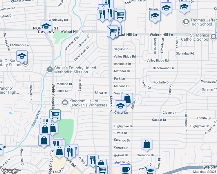map of restaurants, bars, coffee shops, grocery stores, and more near 3654 Manana Drive in Dallas