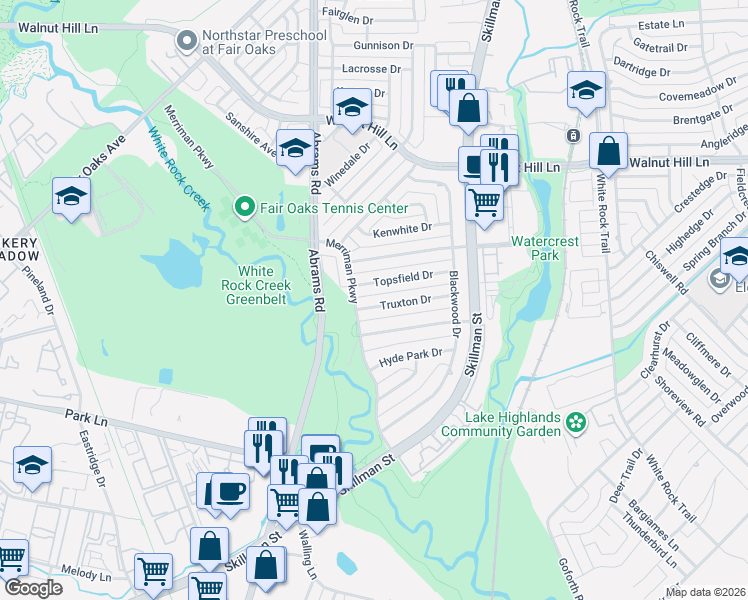 map of restaurants, bars, coffee shops, grocery stores, and more near 6808 Topsfield Drive in Dallas