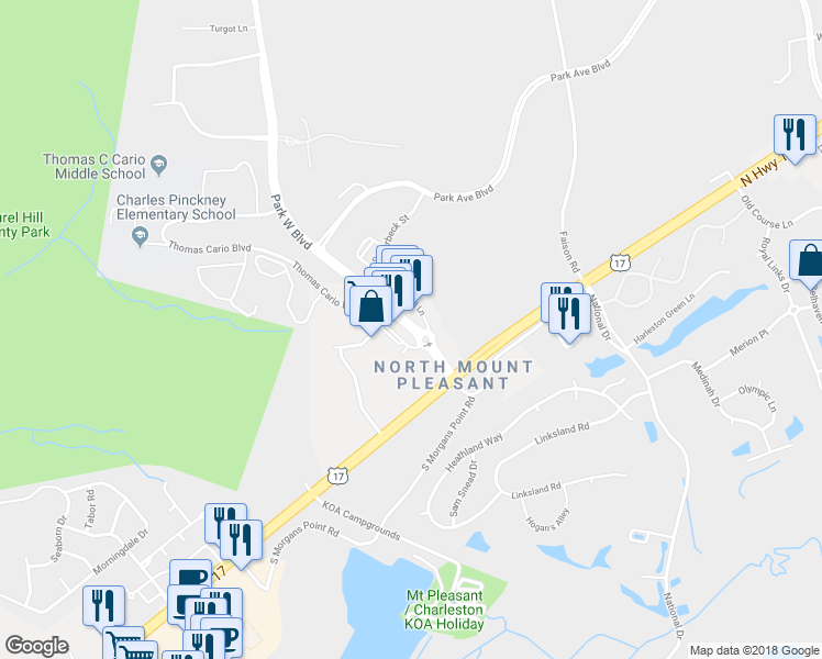 map of restaurants, bars, coffee shops, grocery stores, and more near 908 Park West Boulevard in Mount Pleasant