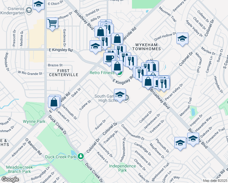 map of restaurants, bars, coffee shops, grocery stores, and more near 3626 Syracuse Drive in Garland