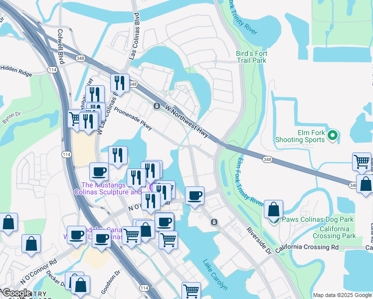 map of restaurants, bars, coffee shops, grocery stores, and more near 601 Lake Carolyn Parkway in Irving
