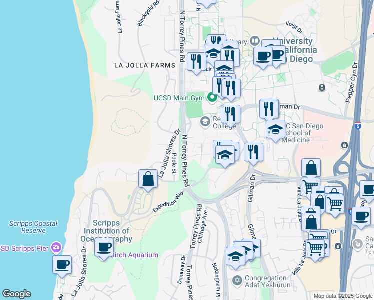 map of restaurants, bars, coffee shops, grocery stores, and more near Scholars Drive North in San Diego