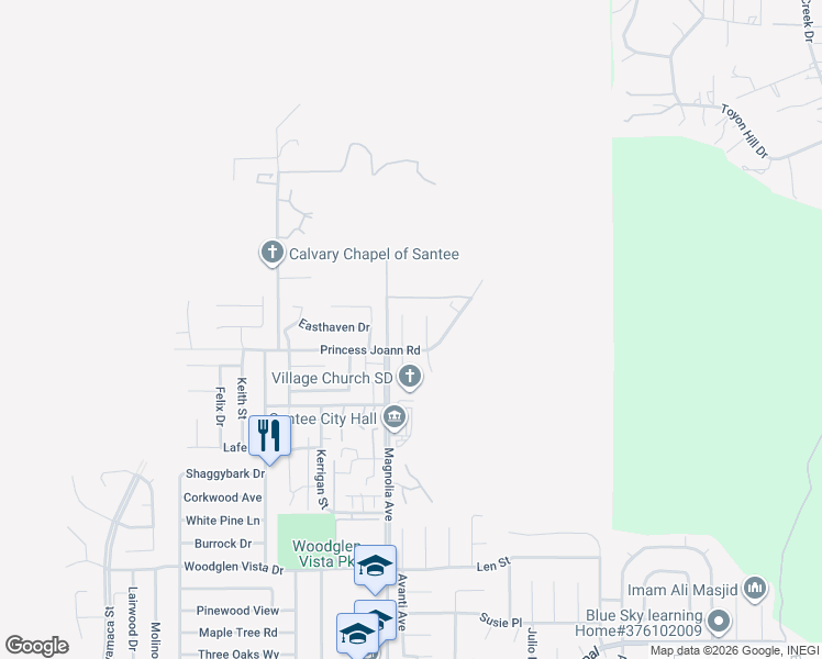 map of restaurants, bars, coffee shops, grocery stores, and more near 10822 Sima Court in Santee