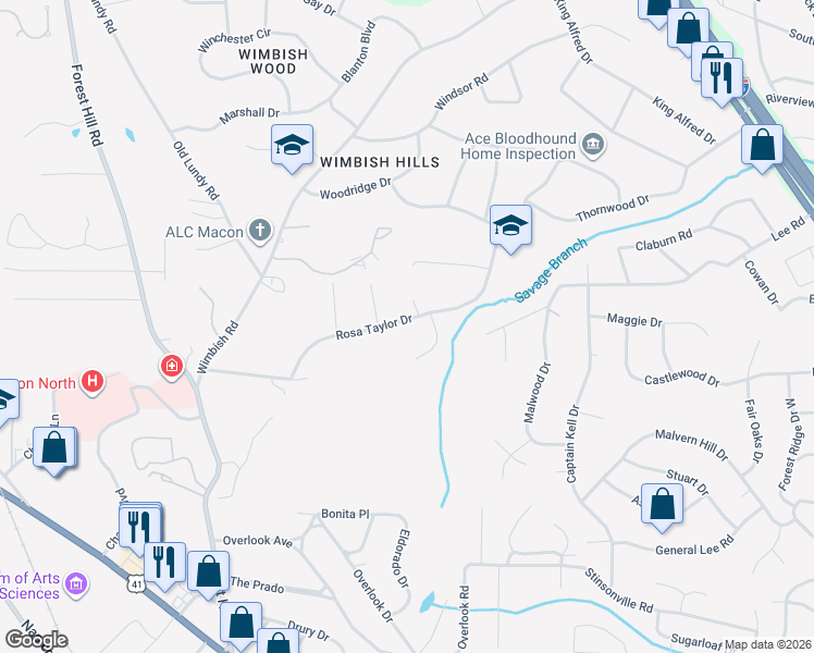map of restaurants, bars, coffee shops, grocery stores, and more near 613 Rosa Taylor Drive in Macon