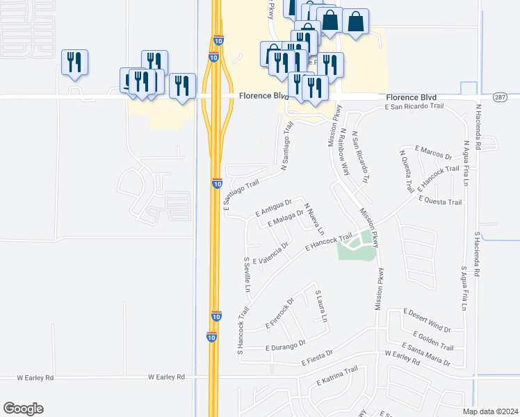 map of restaurants, bars, coffee shops, grocery stores, and more near 2392 East Antigua Drive in Casa Grande