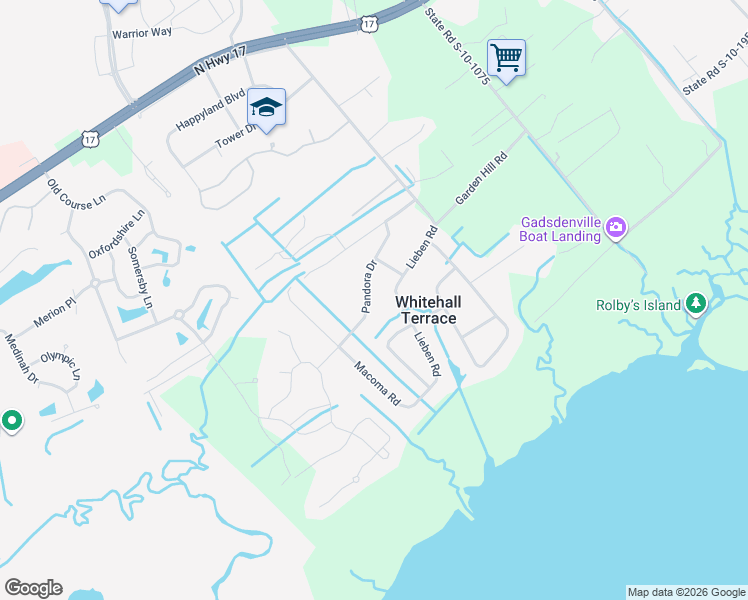 map of restaurants, bars, coffee shops, grocery stores, and more near 3649 Pandora Drive in Mount Pleasant